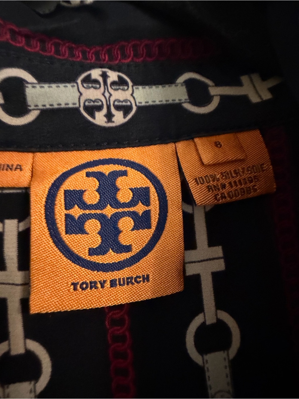 Tory Burch Navy Blouse with Orange Logo Tag and Cream Chain Print - Picture 2 of 3